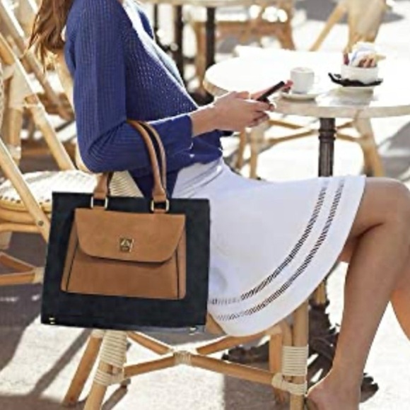 Dasein Vegan Leather Tote Satchel Handbag Colorblock Briefcase Dark‎ Gray & Tan